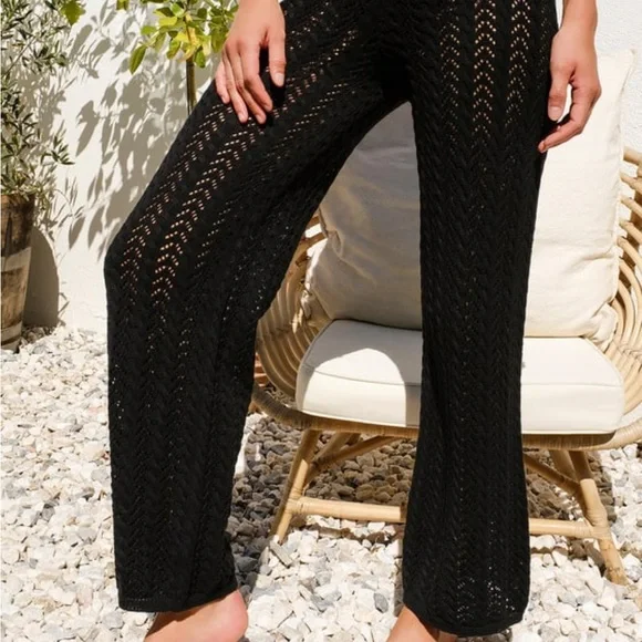 Balmy Breeze Black Crochet High-Waisted Swim Cover-Up Pants - Picture 3 of 7